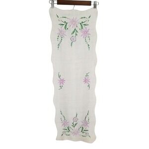 Vintage Hand Embroidered Floral Linen Table Runner White Purple Scalloped Edge